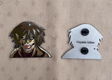 Load image into Gallery viewer, 2.5-inch hard-enamel pin of Eren Jaeger in his titan form from the anime Attack on Titan (Shingeki no Kyojin). Front and back of the pin shown with two pin posts. Nickel pin with black plating. Anime, scout regiment, titans, hunter, yaeger, levi, mikasa, armin, collector, LE, limited run
