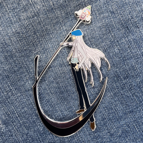Four-inch hard-enamel pin of Kite from the anime Hunter x Hunter (HxH). Front of the pin shown. Nickel pin with silver plating. Anime, hunters, crazy slots, chimera ant, gon, killua, kurapika, nen, collector, OE, open run
