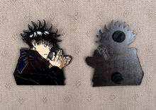 Load image into Gallery viewer, 2.5-inch hard-enamel pin of Fushigoro Megumi from the anime Jujutsu Kaisen (JJK). Front and back of the pin shown with two pin posts. Nickel pin with black plating. Anime, Sorcerer, Toji, demon dog, Shibuya, curse, sukuna, collector, LE, limited run
