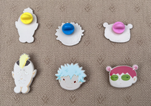 Load image into Gallery viewer, Three 1-inch soft-enamel pins of Saiki Kusuo, Nendo Riki, and Kaidou Shun from the anime The Disastrous Life of Saiki K (Saiki K). Front and back of the pins are shown with one pin post. Iron pin with soft enamel coating. Anime, psychic, funny, hairo, nendou, kaido, coffee jelly, dark reunion, collector, LE, limited run
