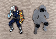Load image into Gallery viewer, Three-inch hard-enamel pin of Shoto Todoroki from the anime My Hero Academia (Boku no Hero Academia). Front and back of the pin shown with three pin posts. Nickel pin with black plating. Anime, MHA, half and half, Endeavor, UA, collector, LE, limited run
