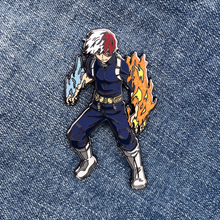 Load image into Gallery viewer, Three-inch hard-enamel pin of Shoto Todoroki from the anime My Hero Academia (Boku no Hero Academia). Front of the pin shown. Nickel pin with black plating. Anime, MHA, half and half, Endeavor, UA, collector, LE, limited run
