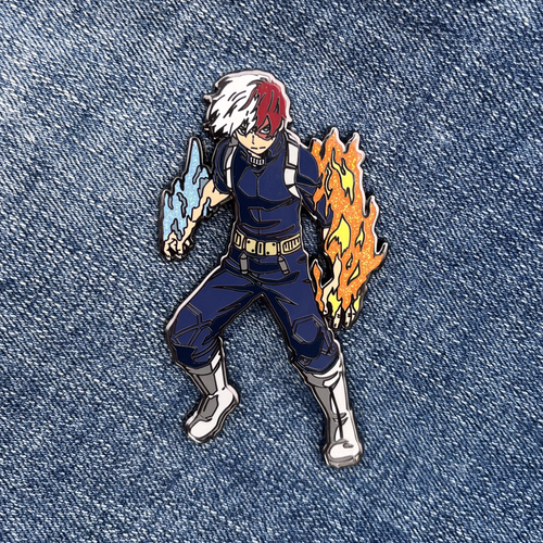 Three-inch hard-enamel pin of Shoto Todoroki from the anime My Hero Academia (Boku no Hero Academia). Front of the pin shown. Nickel pin with black plating. Anime, MHA, half and half, Endeavor, UA, collector, LE, limited run